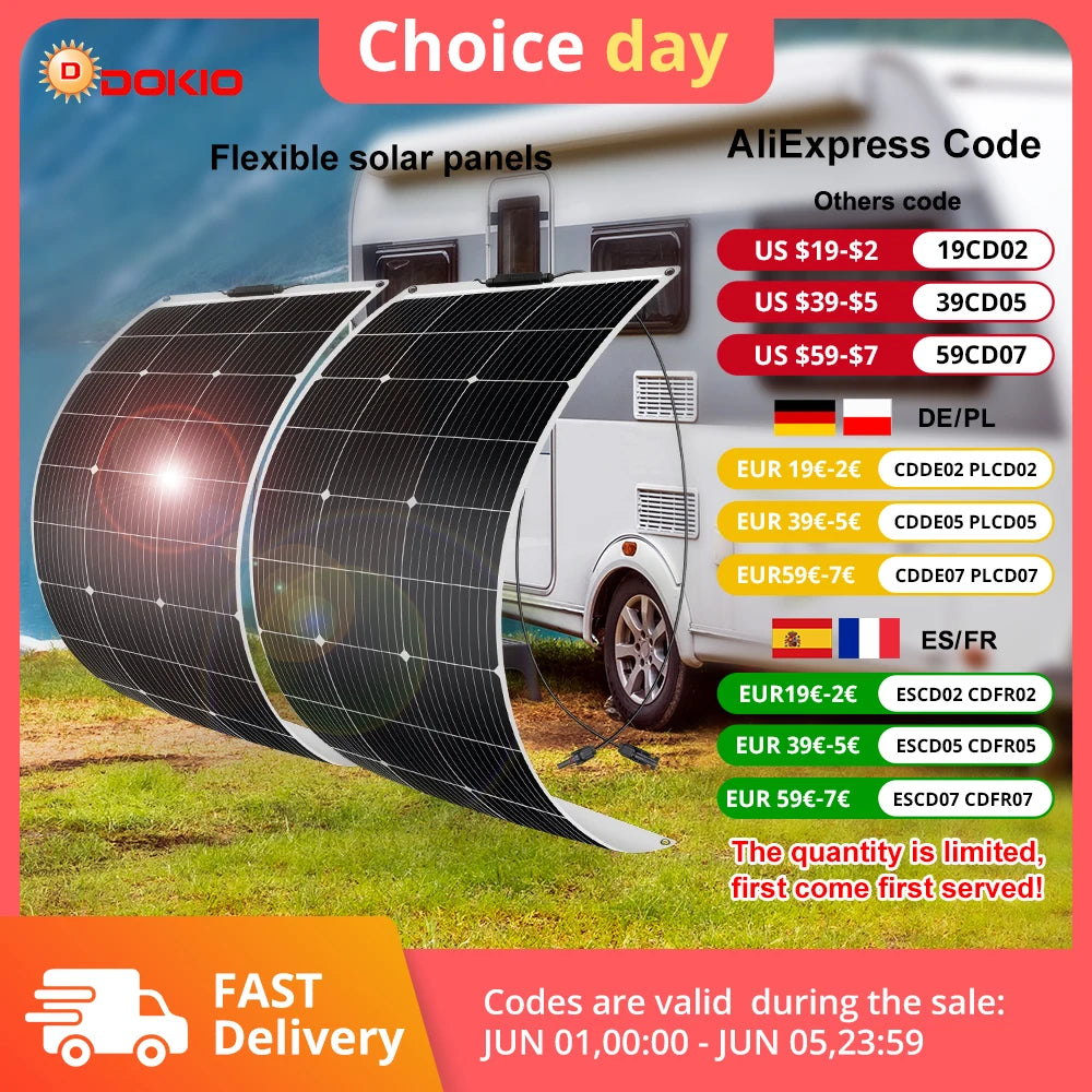 Panouri solare flexibile DOKIO 18V 200W 2PCS 100W impermeabile panou solar monocristalin pentru camping RV încărcare acasă 12V DFSP-100M
