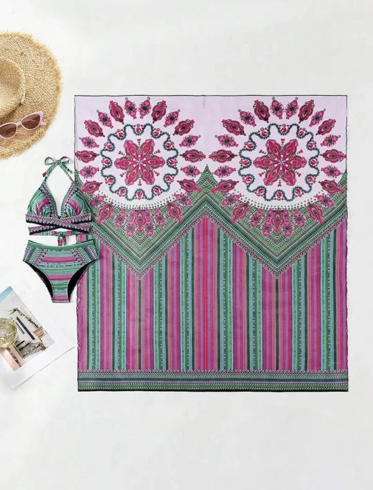 Vintage National Bikini: CXTAQV Cross Front Halter Wire-Free Chain - Mesh Cover Ups 3 Teiliges Set High Waist Plus Size