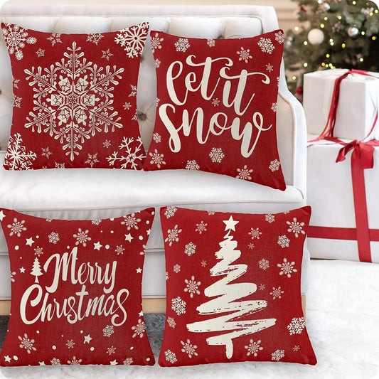 Christmas Pillowcase, Red Pillow Cover Farmhouse Snowflake Christmas Linen Pillowcase Suitable for Sofa Home Decoration