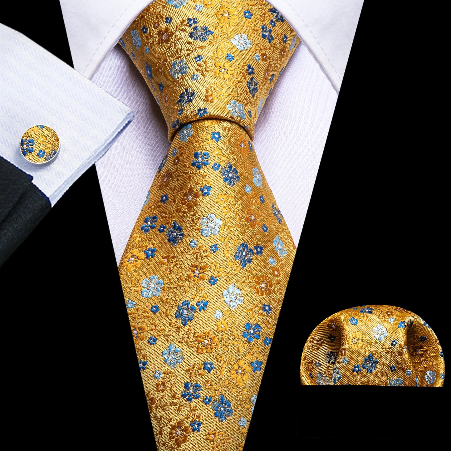 Fashion Silk Men Tie Set Gold Yellow Orange Solid Paisley Striped Plaid Floral Necktie Pocket Square Cufflinks Wedding Business