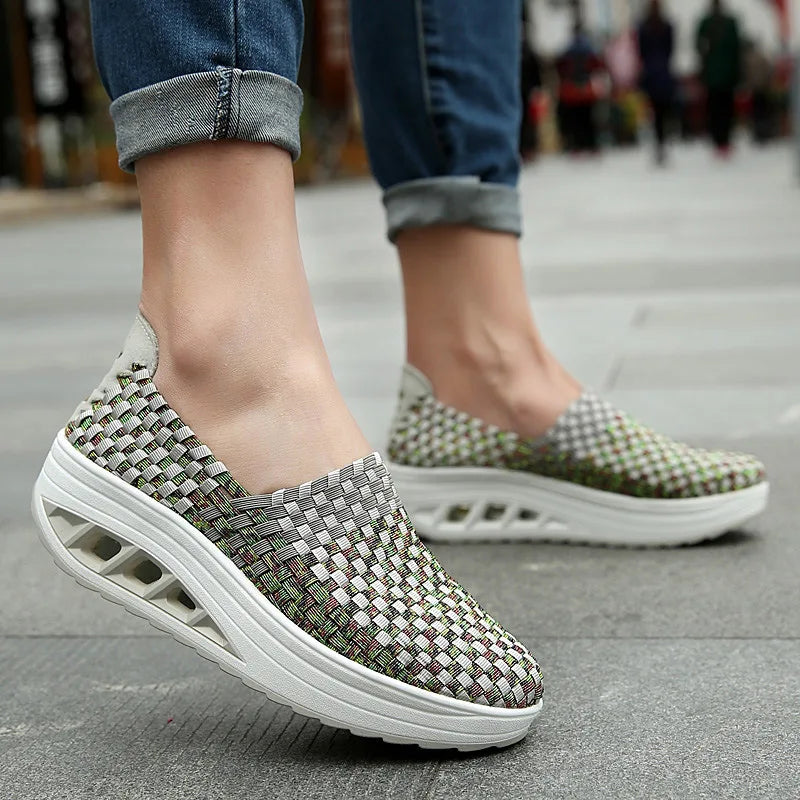 Zapatos De Mujer Sneakers Women's Mixed Color Woven Wedge Rocking Shoes Lightweight Non-slip Breathable Loafers Chaussure Femmes