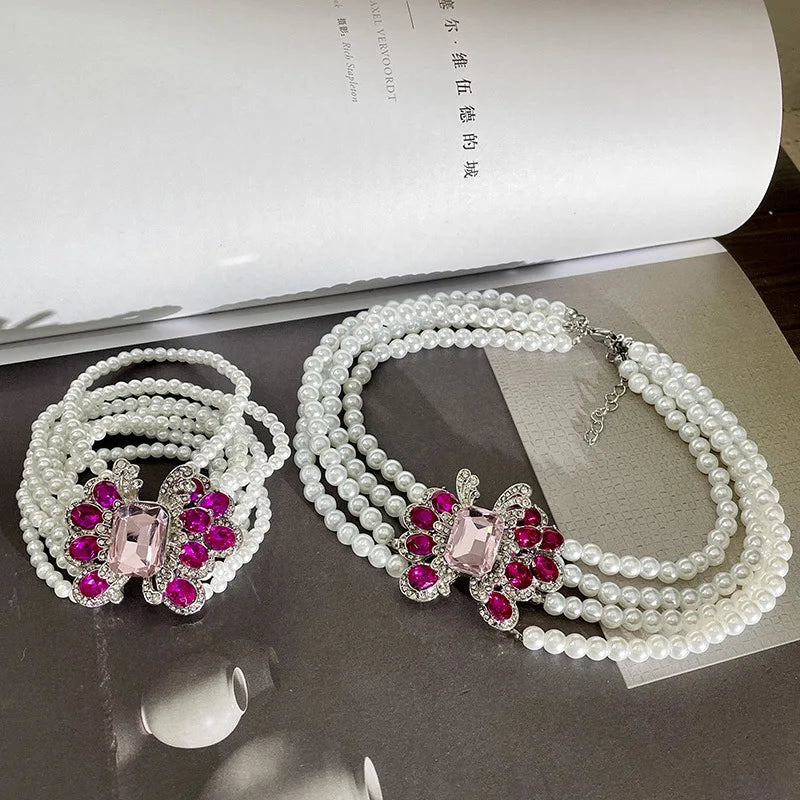 Luxus Strass Geometrische Mehrschichtige Perlen Halskette - Französisches Übertriebenes Design Nische Schlüsselbein Kette - Damen Party Schmuck