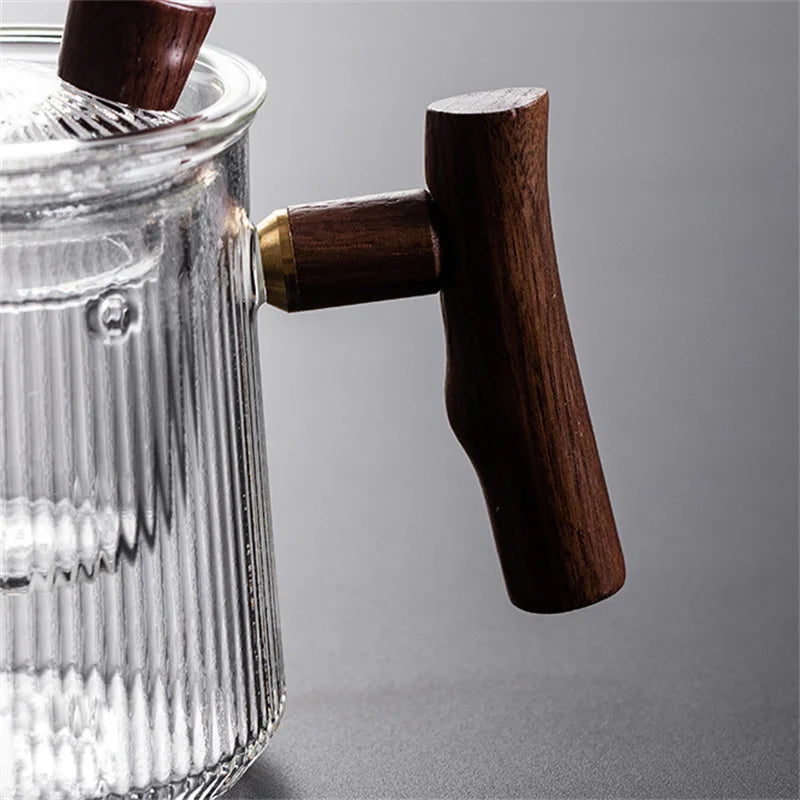Japanese Heat Resistant Vertical Stripe Glass Tea Pot Wood Handle Teapot Kung Fu Tea Set Puer Kettle Coffee Glass Pot Teaware