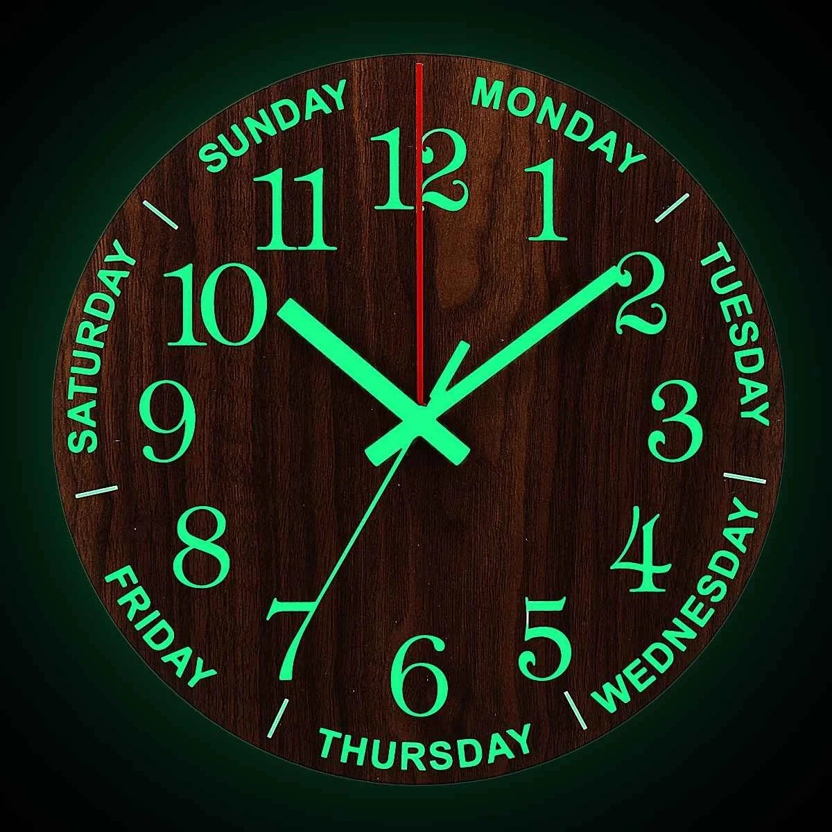 Luminous Wall Clock 12 Inch Wooden Silent Non-Ticking Kitchen Wall Clocks with Night Lights for Indoor/Outdoor Living Room