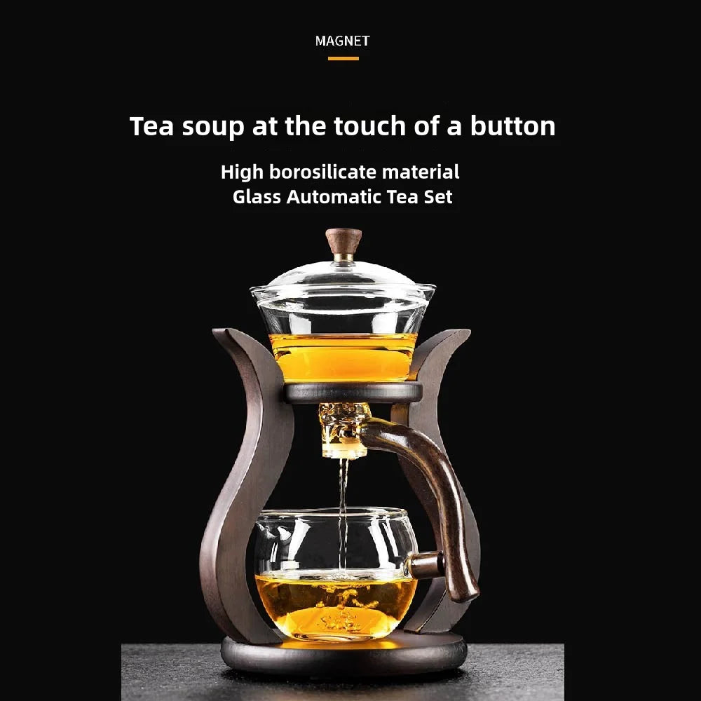 Tea Pot Glass Kettle Automatic Teapot with Strainer Magnetic Infuser Wood Holder Heat Resistant Coffee Pot Bowl Cups Set Jug 주전자