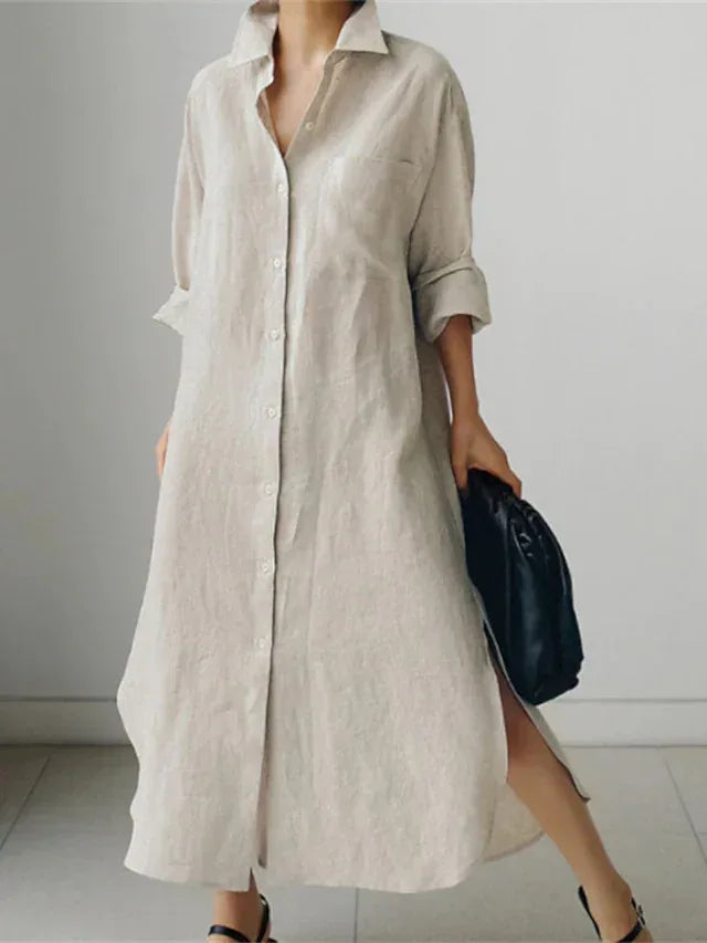 Elegant Women Shirts Dress Spring Fashion V-neck Long Sleeve Cotton Linen Maxi Dresses Ladies Casual Holiday Vestidos 2024 Robes - Golden Bridge Store
