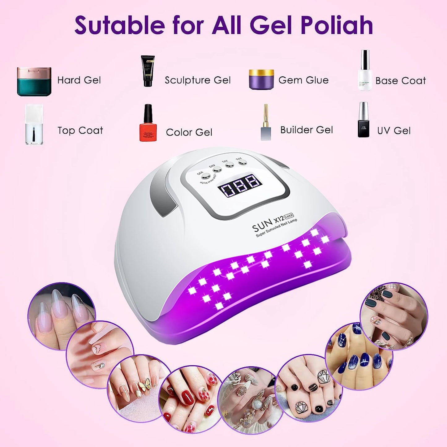 Lampă UV LED SUN X12 MAX pentru manichiură, lampă UV cu 66 de LED-uri pentru uscător de unghii cu senzor inteligent, instrument profesional de salon