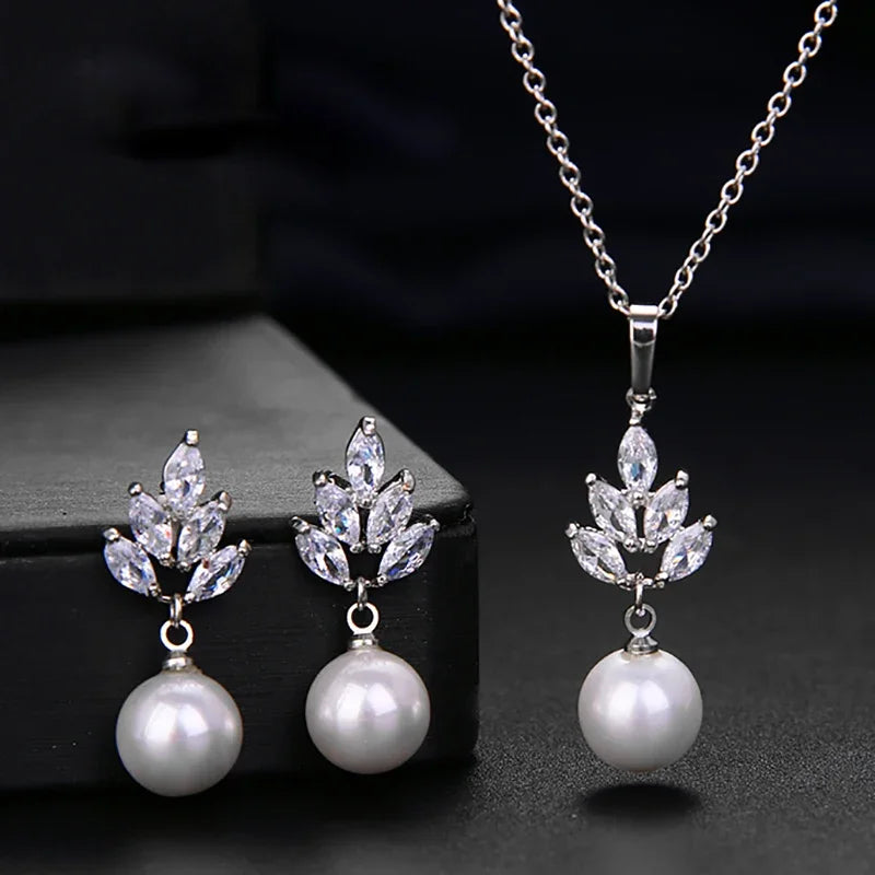 Luxus Silberfarbe AAA+ Cubic Zirkonia - Damen Große Perlen Halskette Anhänger und Ohrringe - Schmuck Sets Geschenk