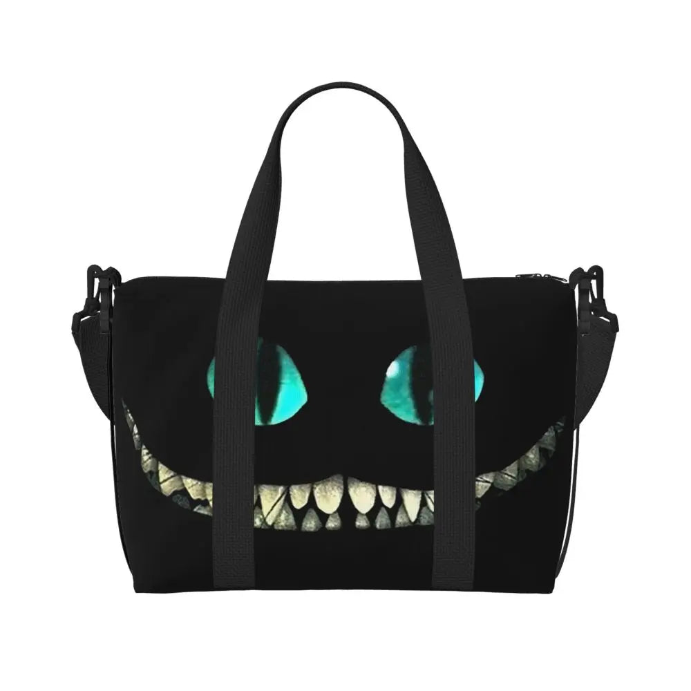 Geantă de plajă personalizată cu pisica Cheshire pentru femei, cu compartiment mare pentru sală și plajă, We're All Mad Here Cat