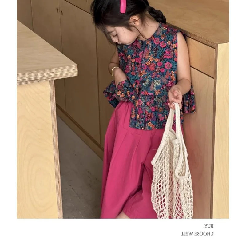 New Summer Infant Baby Girl 2PCS Clothes Set Cotton Floral Print Sleevelss T-shirt Suit Solid Soft Wide Leg Pant Kid Girl Outfit