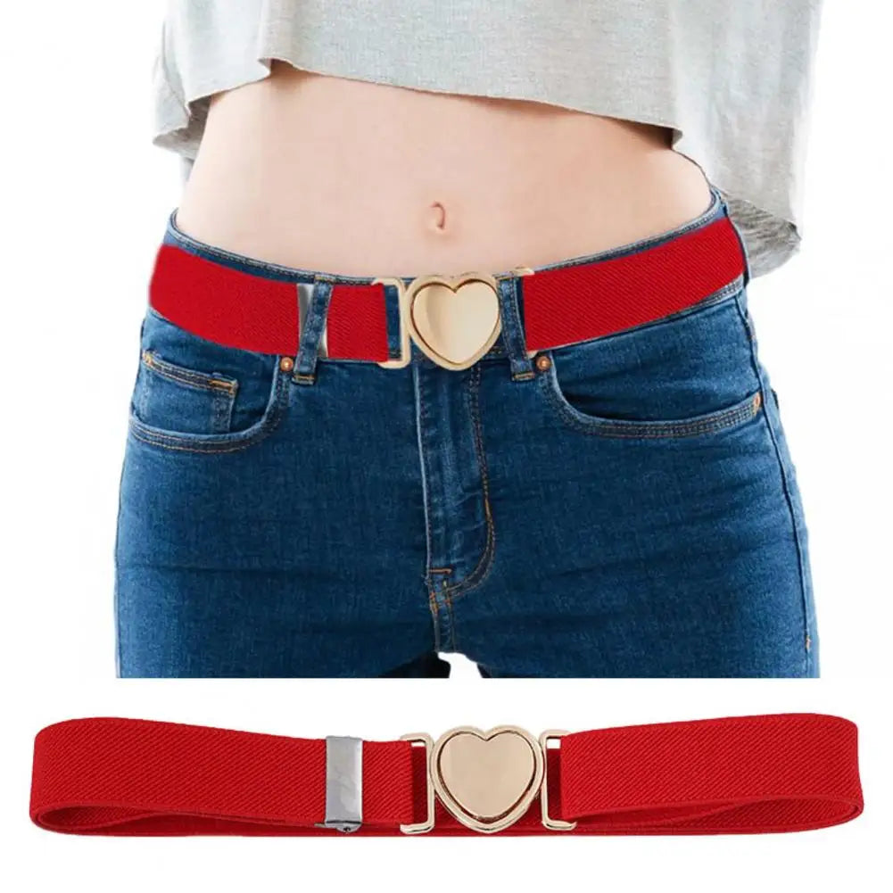 Unisex Belt Contrast Color Banded Metallic Heart Buckle Waistband Adjustable Elastic Band Girl Waist Strap Elastic Waist Band