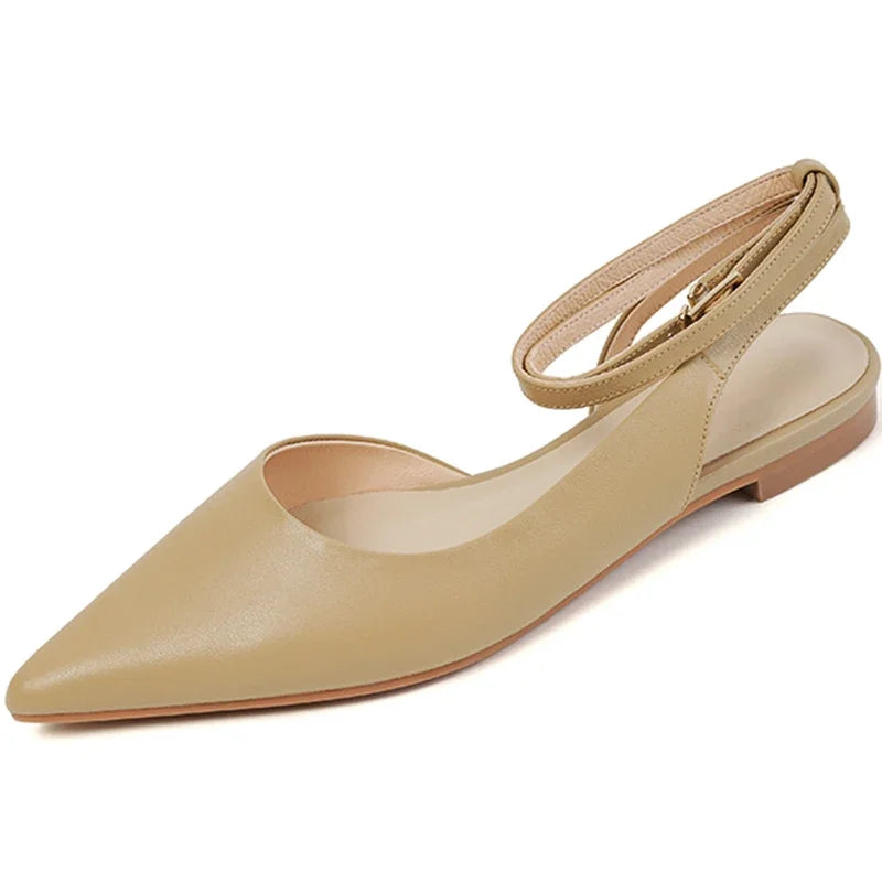 New 2025 Summer Trend Women Sandals Genuine Leather Slingbacks Closed Pointed Toe Apricot Beige Flat Shoes Ankle Strap Ladies