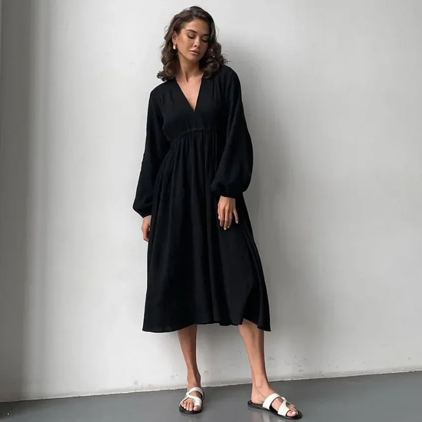 Elegant Dresses For Women 100% Cotton Muslin Long Sleeve V-neck Casual Party Holiday Beach White Black Robes Vestidos de Mujer - Golden Bridge Store