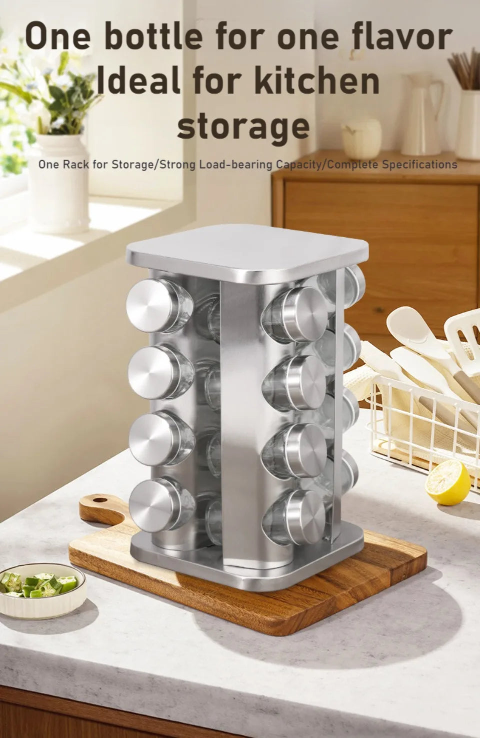 Stainless Steel Spice Rack Rotating Seasoning Set Vertical Spice Sorting Rack Square Condiment Organizer Salt Sugar Containers
