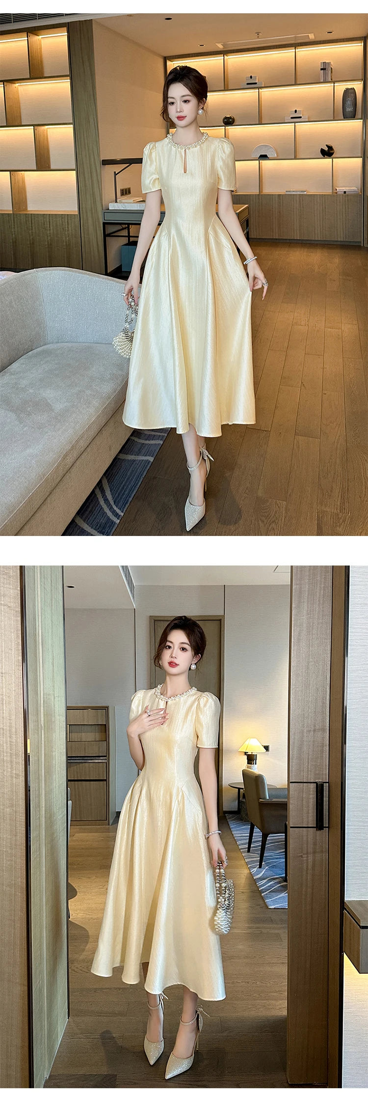 Elegant Host Evening Dress Women's French Vintage Sweet Pearl Hollow Folds Swing A-LINE Long Robe Party Catwalk Prom Vestidos