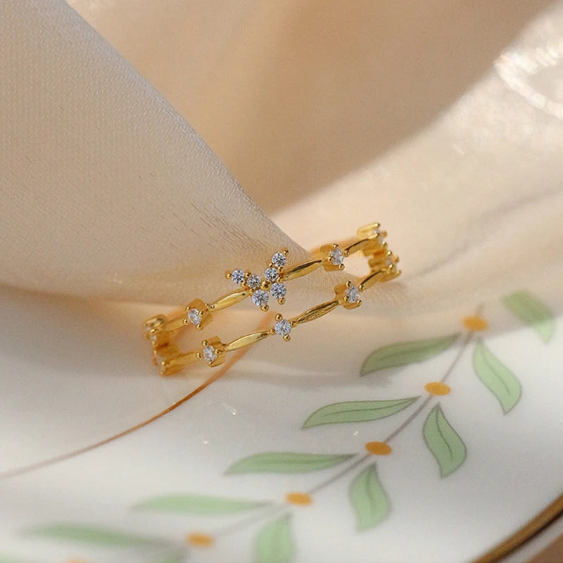 ANENJERY Silver Color Zircon Butterfly Double Layer Adjustable Ring For Women Light Luxury Shiny Accessories Girl Gift