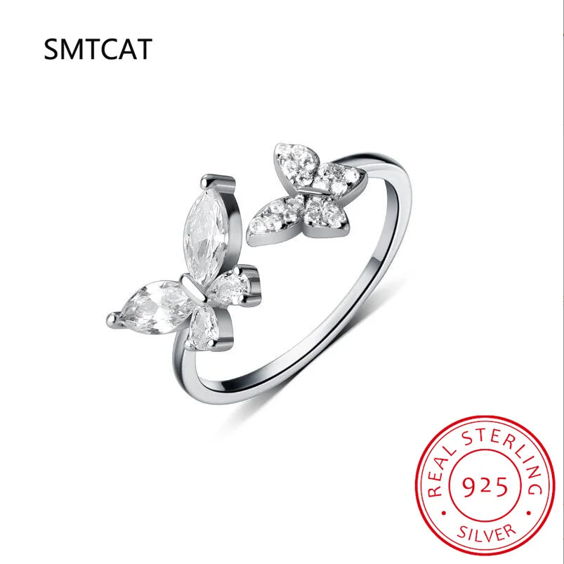 Real 925 Sterling Silver Fashion Sweet Insect Butterfly Adjustable Ring For Women Wedding Party Jewelry Gift DG0182