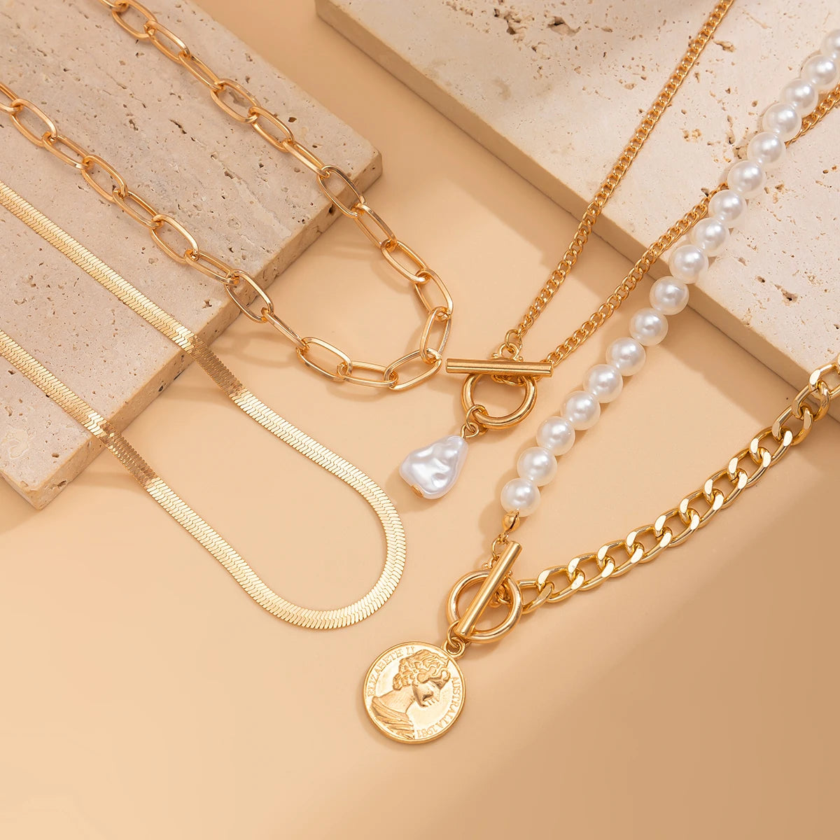 IngeSight.Z Fashion Exquisite Baroque Imitation Pearl Pendant Women's Necklace Multilayer Link Flat Snake Chain Choker Jewelry