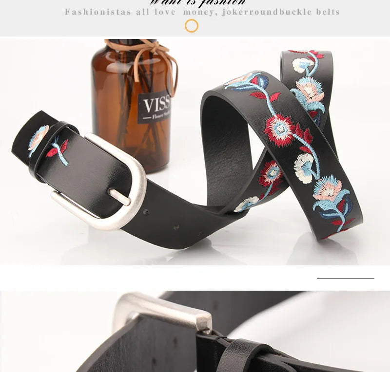 Embroidered Flowers Leather Women's Belt Fashion Casual Luxury Design Simple Versatile Jeans Goth Retro Pin Buckle Waistband New