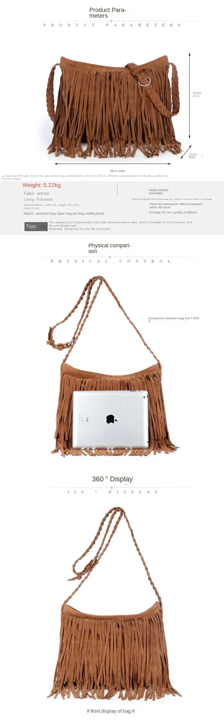 Luxus Crossbody Quasten - Einfarbig Handyfach 25x15cm