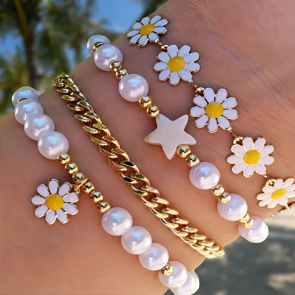 17KMCN Daisy Armband Set Boho - 4 Stück Perlen Emaille