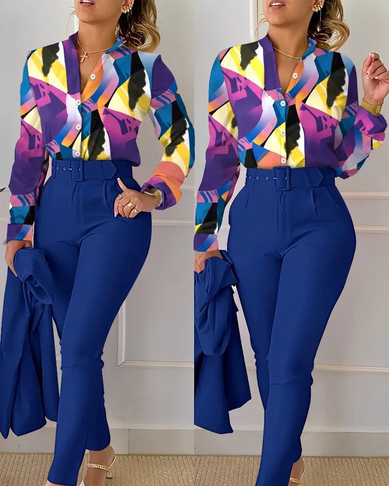 Femei elegante cămașă două piese set costume toamna nouă modă imprimare mânecă lungă top pantaloni negri set cu curea bluze îmbrăcăminte feminină