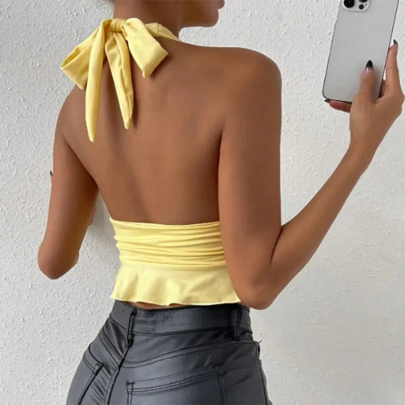 Women's elegant Tight Fitting Deep V-neck Pleated Top Tight Fitting 2024 Spring Beach Resort Nightclub New Model Women's elegant Tigh