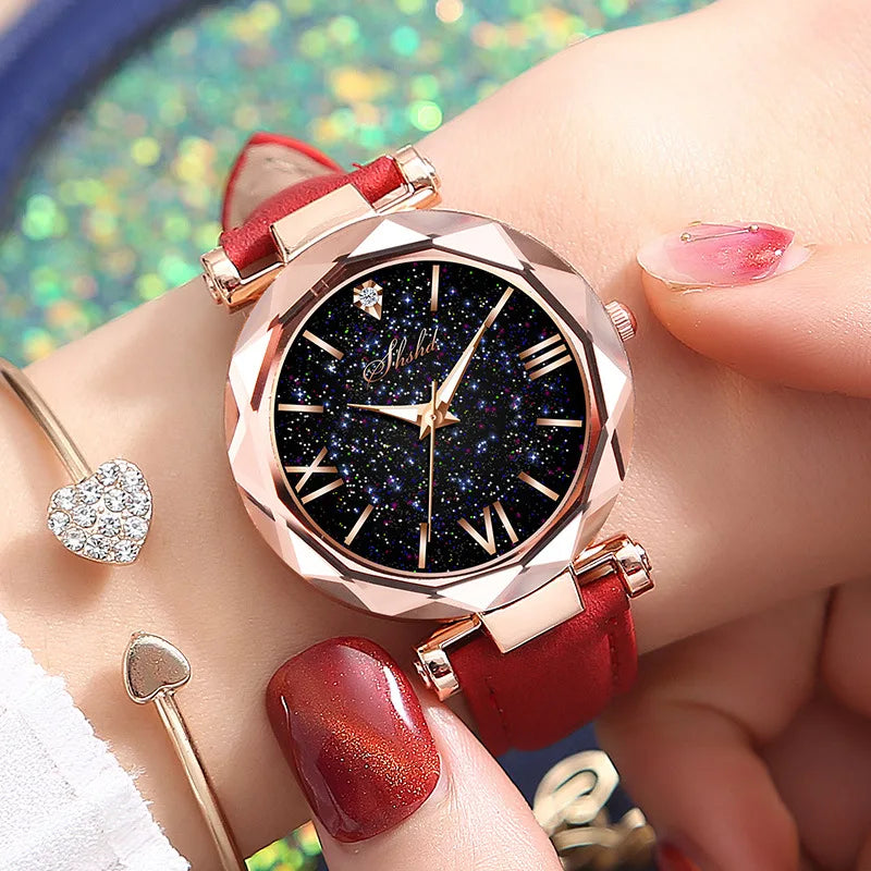 Damen Uhr Strass Romantischer Sternenhimmel - Armbanduhr Mode Damen Leder Uhr - Uhr für Frauen