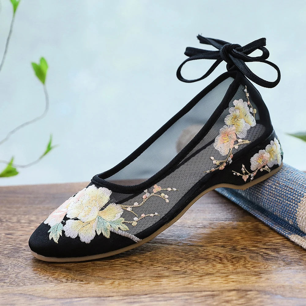 Ballerinas 2025: Veowalk Long Ankle Strap Summer Women Gauze Mesh - Embroidered Ballet Flats Breathable Comfortable Walking Shoes Elegant Lady Collection