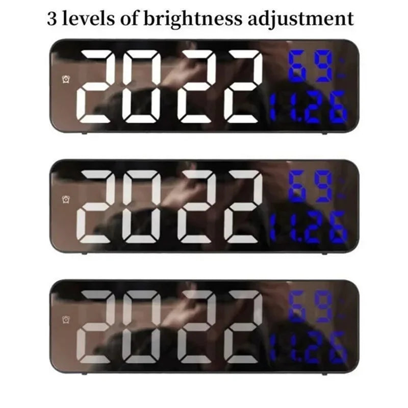 Led Wall Clock Large Screen Digital Mirror Adjustable Brightness Temp Humidity Date Display Alarm Clocks for Home Living Room