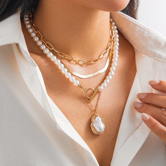 IngeSight.Z Fashion Exquisite Baroque Imitation Pearl Pendant Women's Necklace Multilayer Link Flat Snake Chain Choker Jewelry