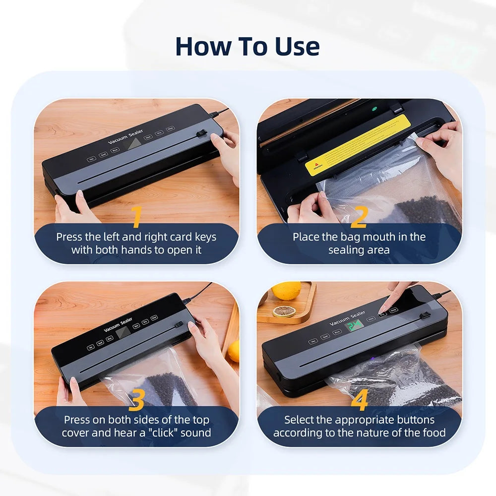 Electric Vacuum Sealer Machine Dry/Wet Food Packaging Seal To Keep Fresh Touch Buttons Digital Display Detachable Cleaning