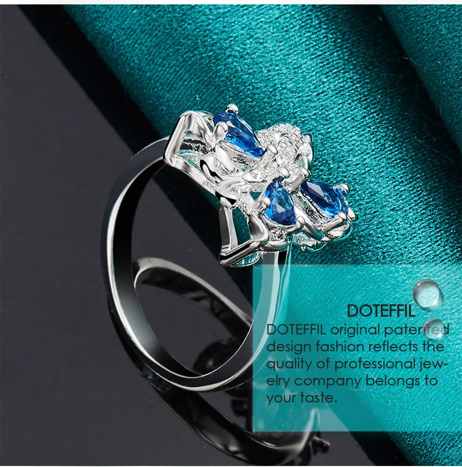 DOTEFFIL 925 Sterling Silver Blue AAA Zircon Fluture Inel Pentru Femei Moda Nuntă Logodnă Petrecere Cadou Charm Bijuterii