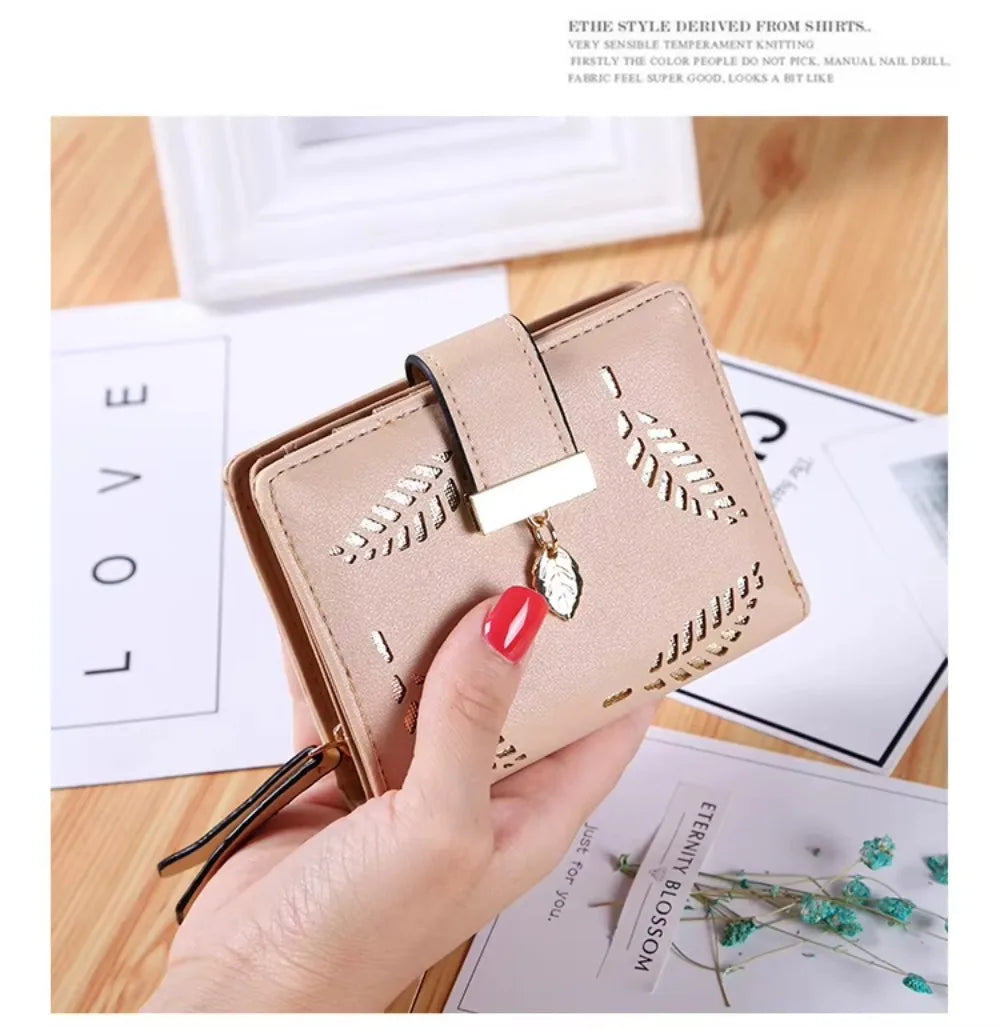 Luxus Frauen Geldbörse Leder Portemonnaie Kurz Reißverschluss Clutch Tasche Klein Ausgehöhlt Blätter Design Mode Marke Geldbörsen