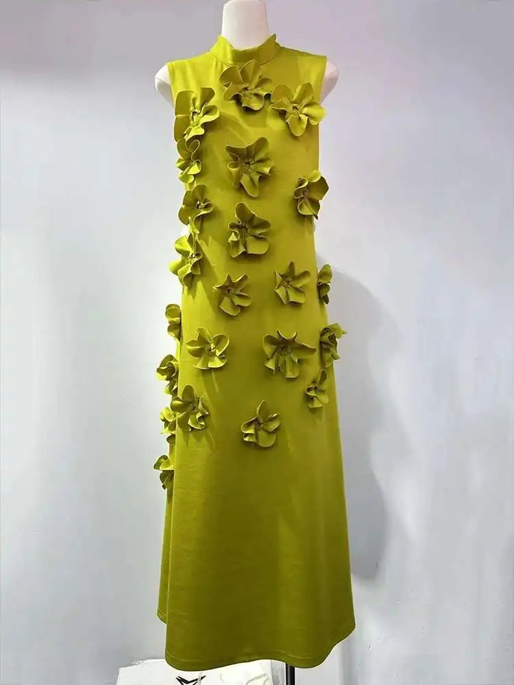 EWQ  Elegant Female Evening Dress 3D Floral Design Stand Collar Sleeveless Temperament Women Slim Dresses 2025 Spring Red Robe