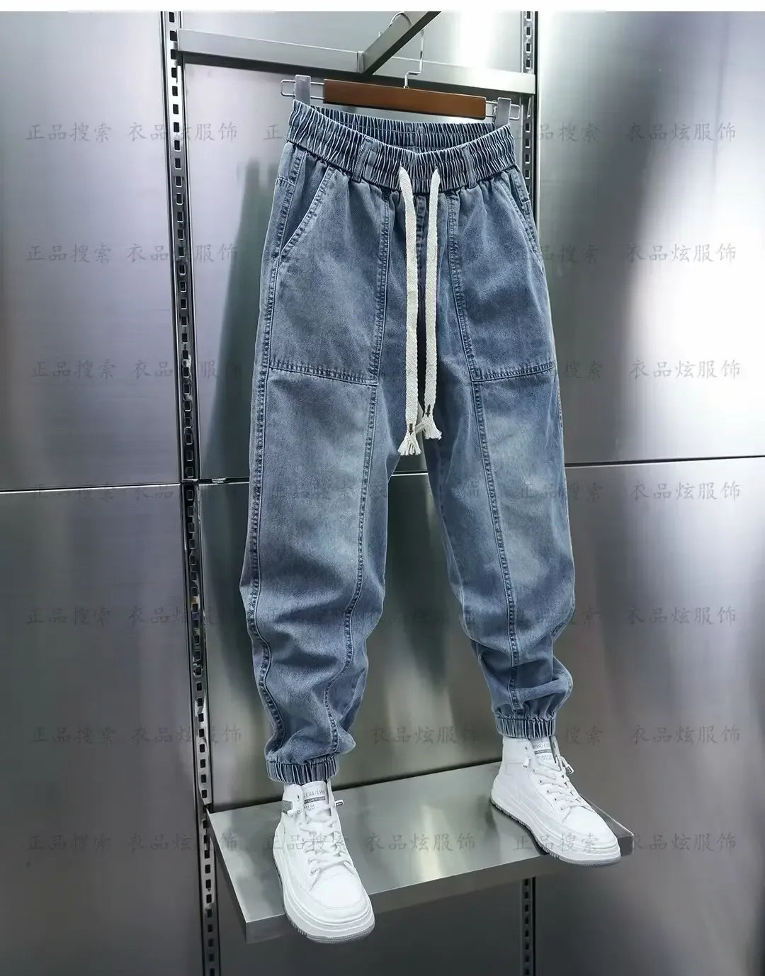 Men's Jeans Fashion Casual Jogger Harem Denim Pants Hip Hop elastic waist Letter printing jeans Male Trousers 2024 spring new - Golden Bridge Store