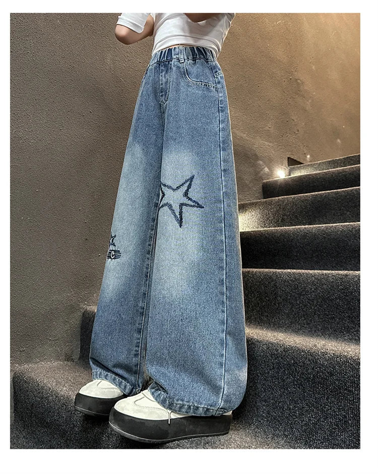 Jeans For Girl Spring Embroidery Star Pattern Wide Leg Denim Pants Kids Casual Style Children Loose Clothes 6 8 9 10 12 14 Years