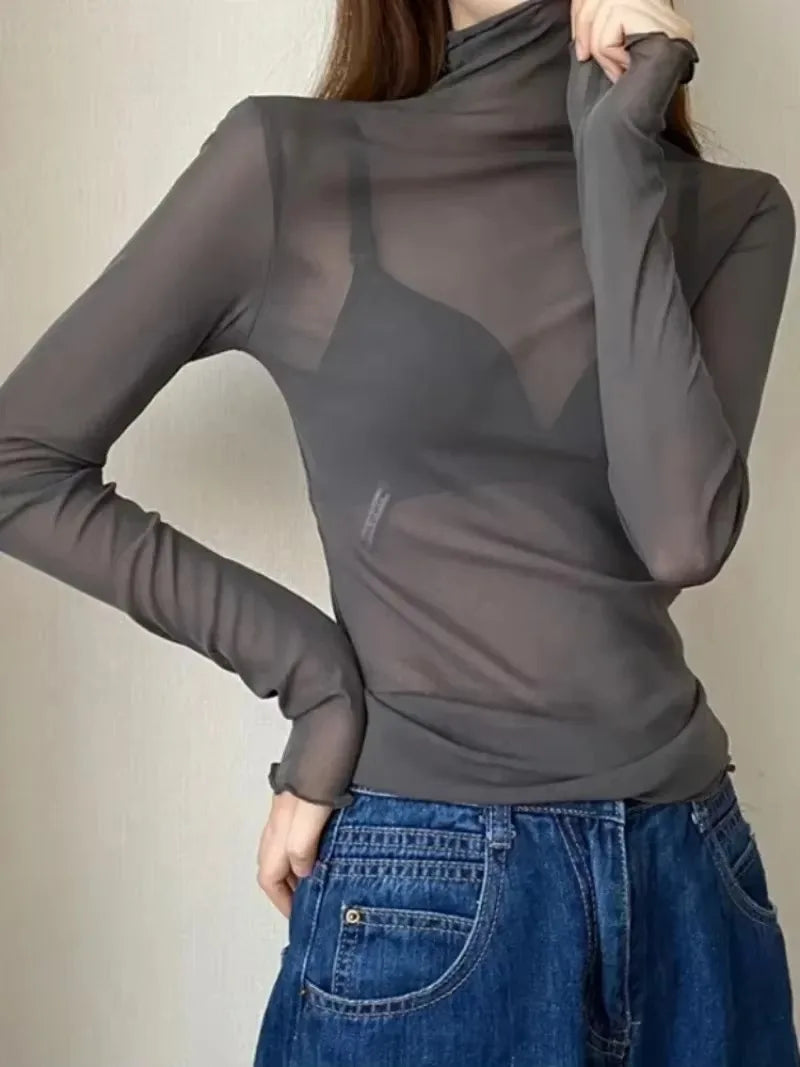 Sexy Women T Shirt See Through Transparent Tops Long Sleeve Ladies T-Shirt Pink Green Basic Top for Female Bottoming Blouses