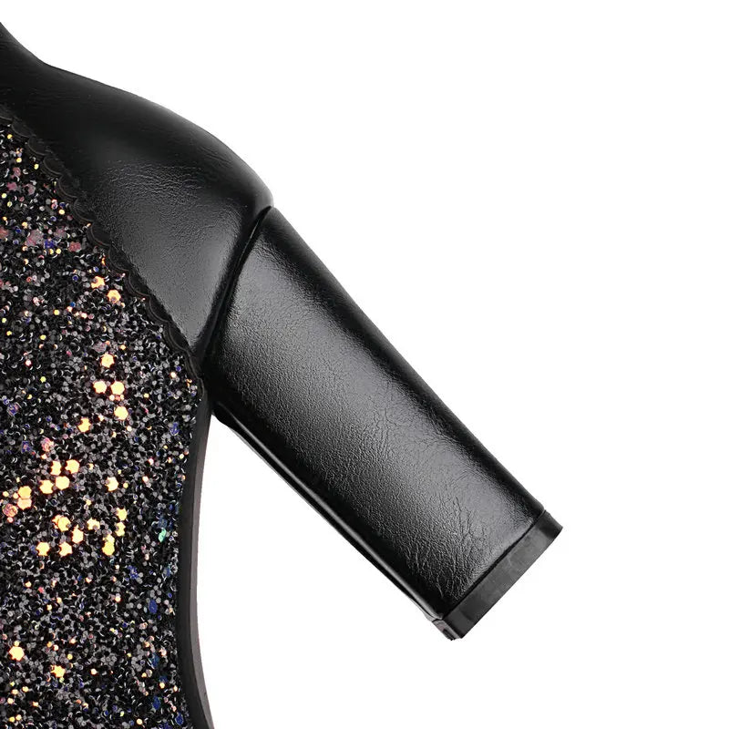 Women Ankle Boots Gold Silver Red Platform Shoes Elegant Studded Sequin Lace Up Autumn Winter Comfy Stable Chunky High Heels