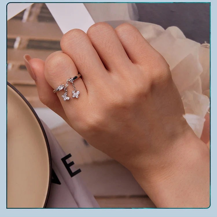 WOSTU 925 Sterling Silver Butterfly Link Open Rings For Women Delicate Shiny Zircon Adjustable Ring Fine Party Jewelry Gift