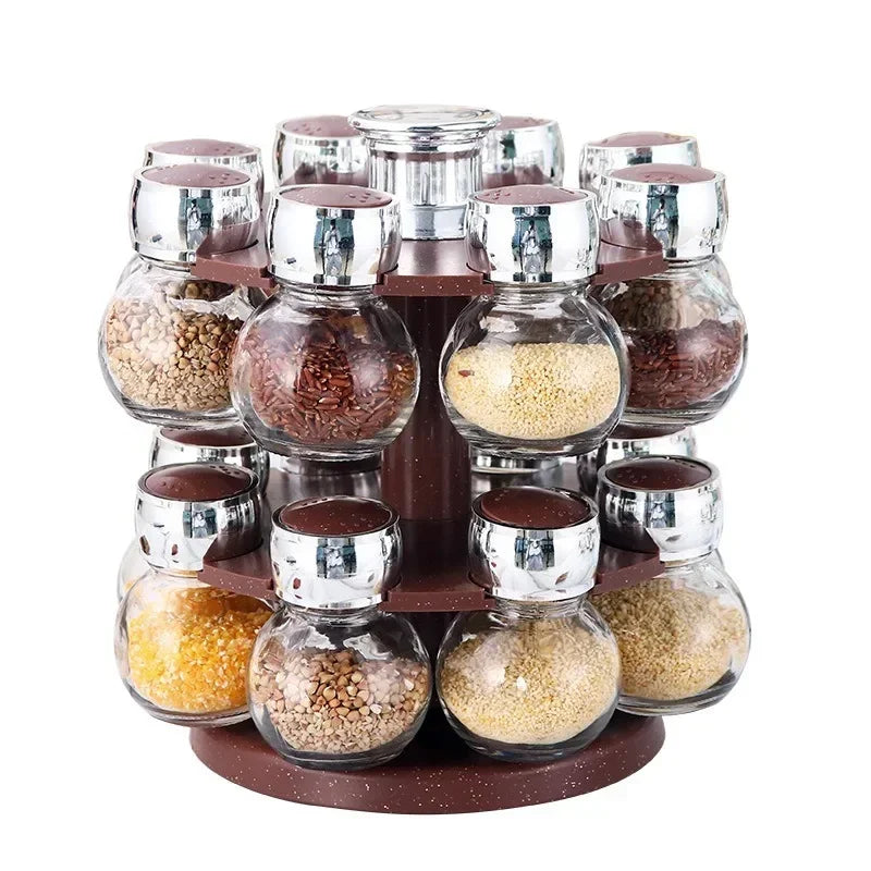 Rotating16Pcs Condiment Set Spice Jar StorageBox HomeKitchen Cruet Condiment Bottle Coffee Sugar Seal Jar Container Rack
