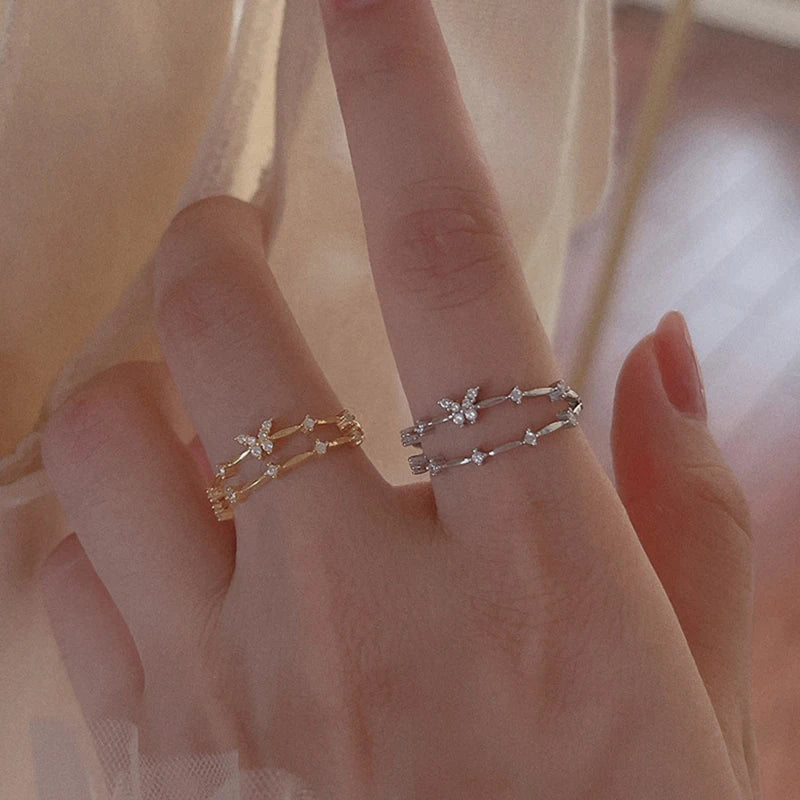 ANENJERY Silver Color Zircon Butterfly Double Layer Adjustable Ring For Women Light Luxury Shiny Accessories Girl Gift