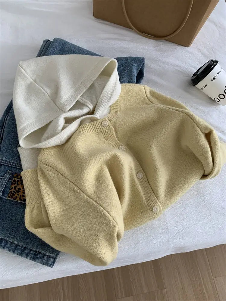 Cardigan tricotat cu glugă, stil coreean, Pateekate - Mărime M, Material poliester/vâscoză/spandex, Croială lejeră