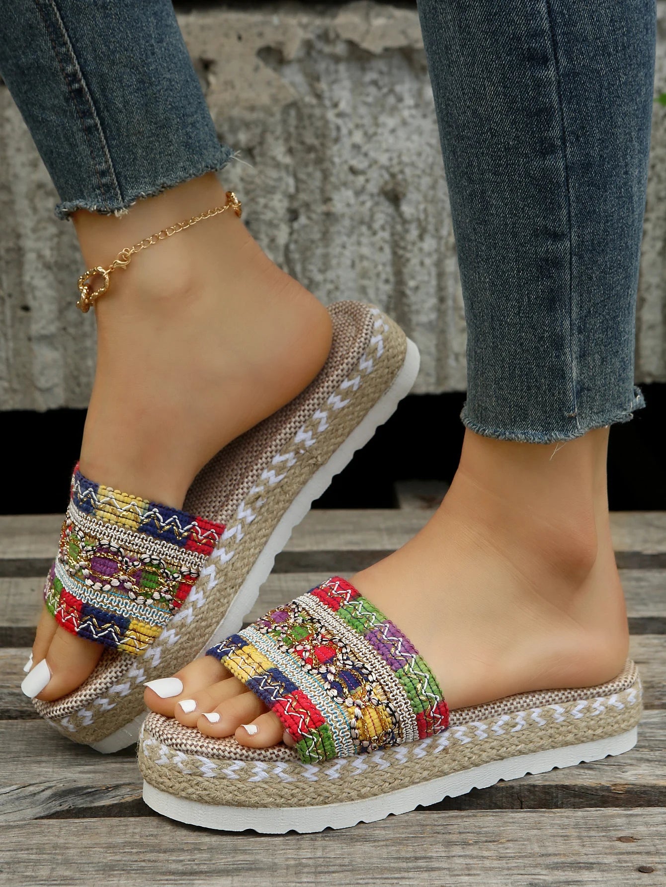 Gewebte Damen Pantoletten Platform - Sommer Schuhe für Damen 2025 Neu - Strand Casual Absatz Sandalen Bohemian Handgemacht Espadrilles
