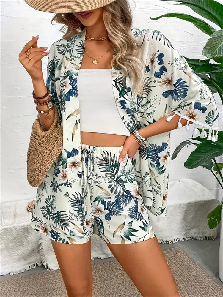 Two Piece Set For Women Outfits Open-front Cardigan Smock Flower Printed Beach Shorts Summer Suits Female Clothing Beachwear - Golden Bridge Store