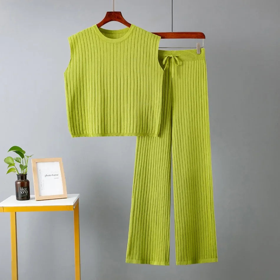 Elegant 2-Piece Sets for Women, Casual Knitting, Sleeveless, O Neck Tops, Loose Lace Up, Wide Leg Pant Set, Summer Fashion, New