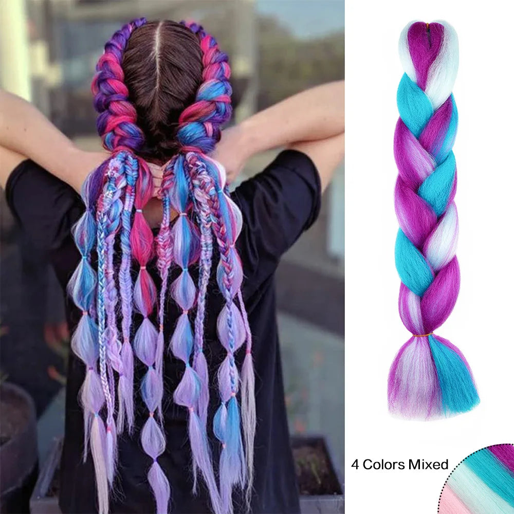 Jumbo Braiding Hair Rainbow Colors Extensions Fiber Mix Four Silky Colorful Twist Hair Extensions Colored Synthetic Braids