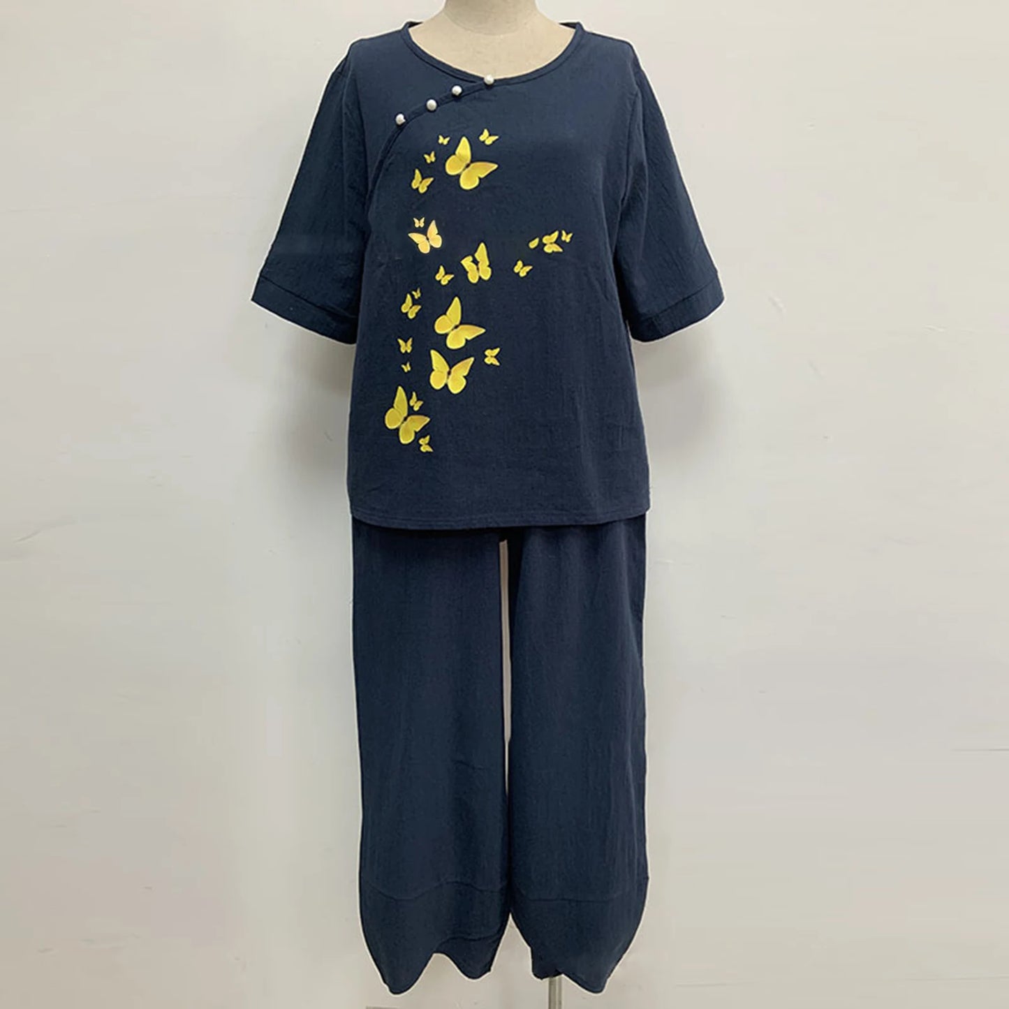 Elegant  Women Outfit Breathable Flower Pattern Blouse Trousers Half Sleeves Soft Blouse Pants Spring Clothes