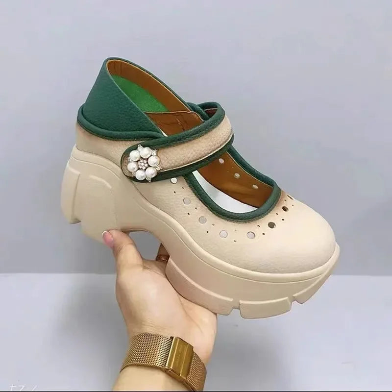 Women's Heels Shoes Summer Sneakers Platform Woman-shoes 2024 Thick Sole Roses Casual Leisure Round Toe Zip PU Retro Rubber