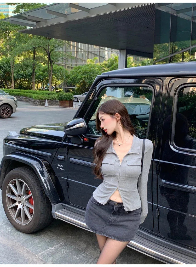 Women T-shirt Spring Autumn Clothes Ribbed Knitted Long Sleeve Short Tops Zipper Design Tee elegant Female Slim Tops - Golden Bridge Store